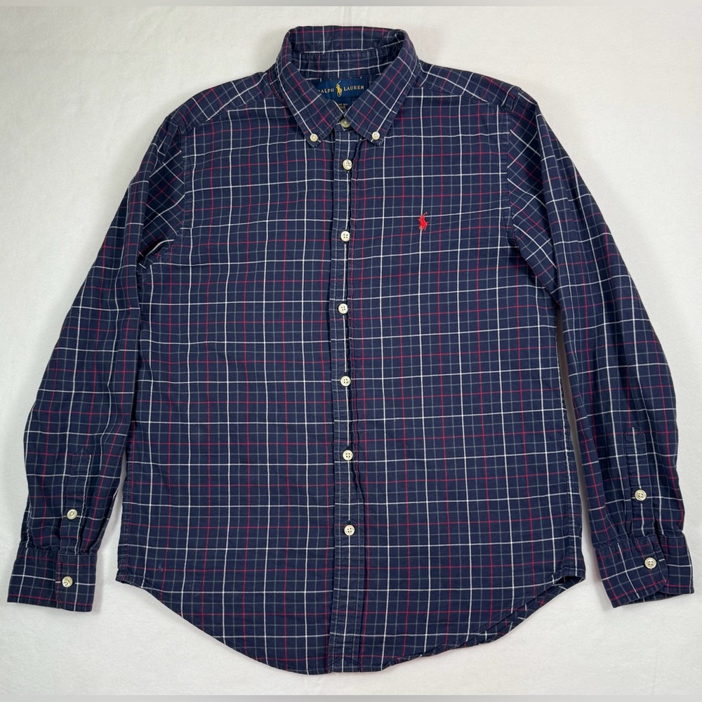 RALPH LAUREN Kids Boy’s 100% Cotton Purple Tartan Plaid Casual Button Down Large